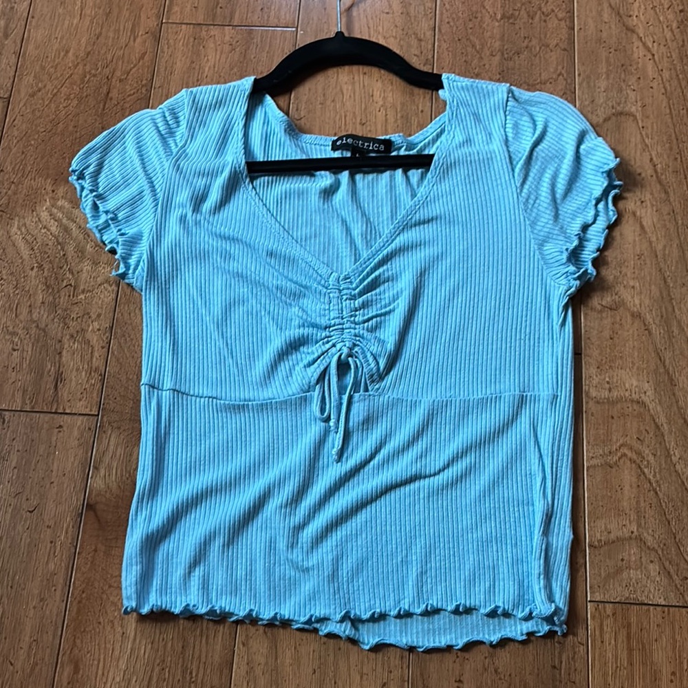 Electrica Blue Puff Sleeve Ruched Blouse